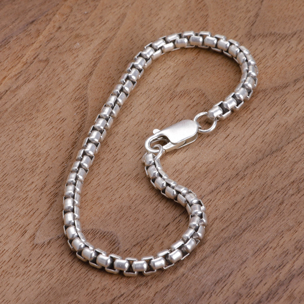 925 Sterling Silver Classic Box Chain Bracelet, Unisex Round Venetian Link Jewelry