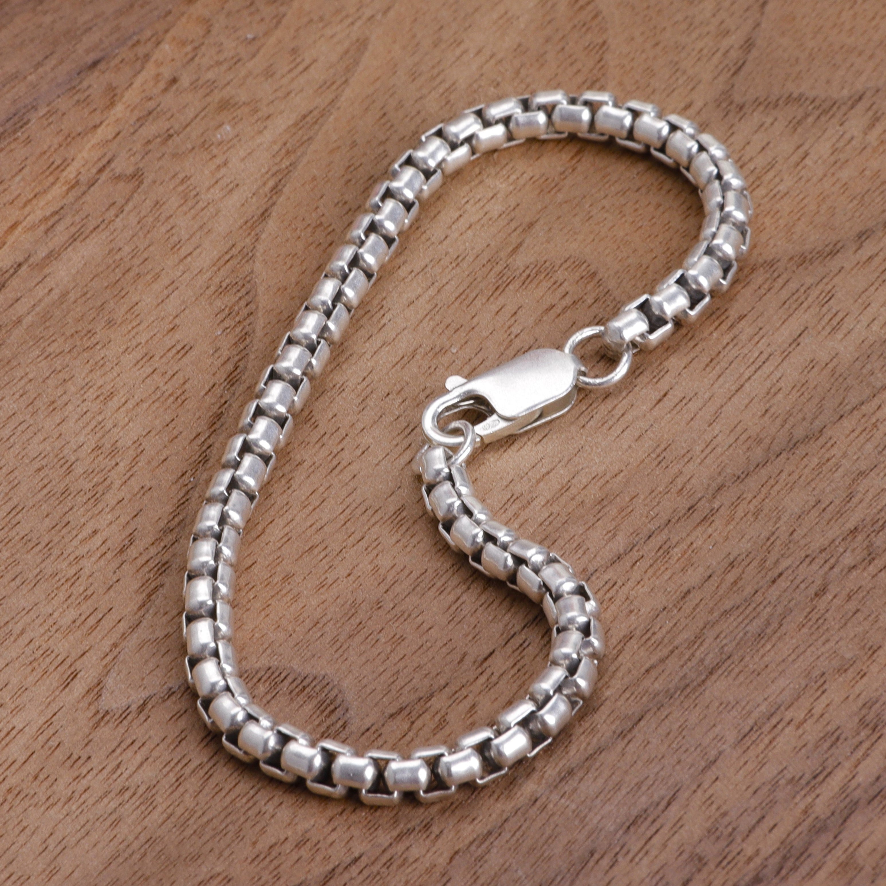 925 Sterling Silver Classic Box Chain Bracelet, Unisex Round Venetian Link Jewelry