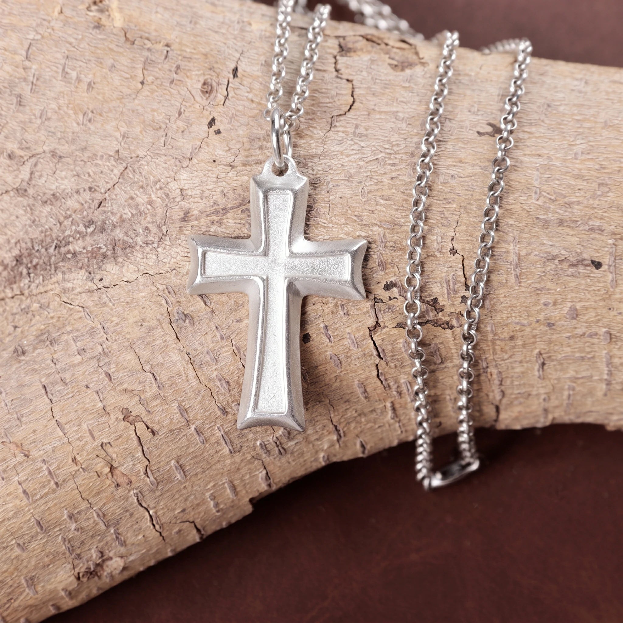 925 Sterling Silver Layered Beveled Cross Durable Custom Engravable Pendant