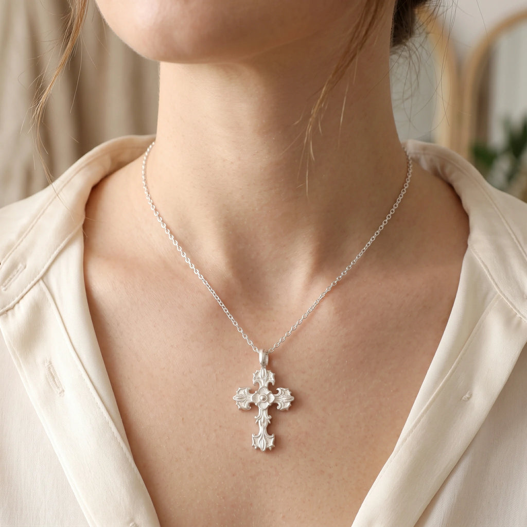Custom 925 Sterling Silver Baroque Floral Cross Pendant for Sacred Grace & Eternal Faith