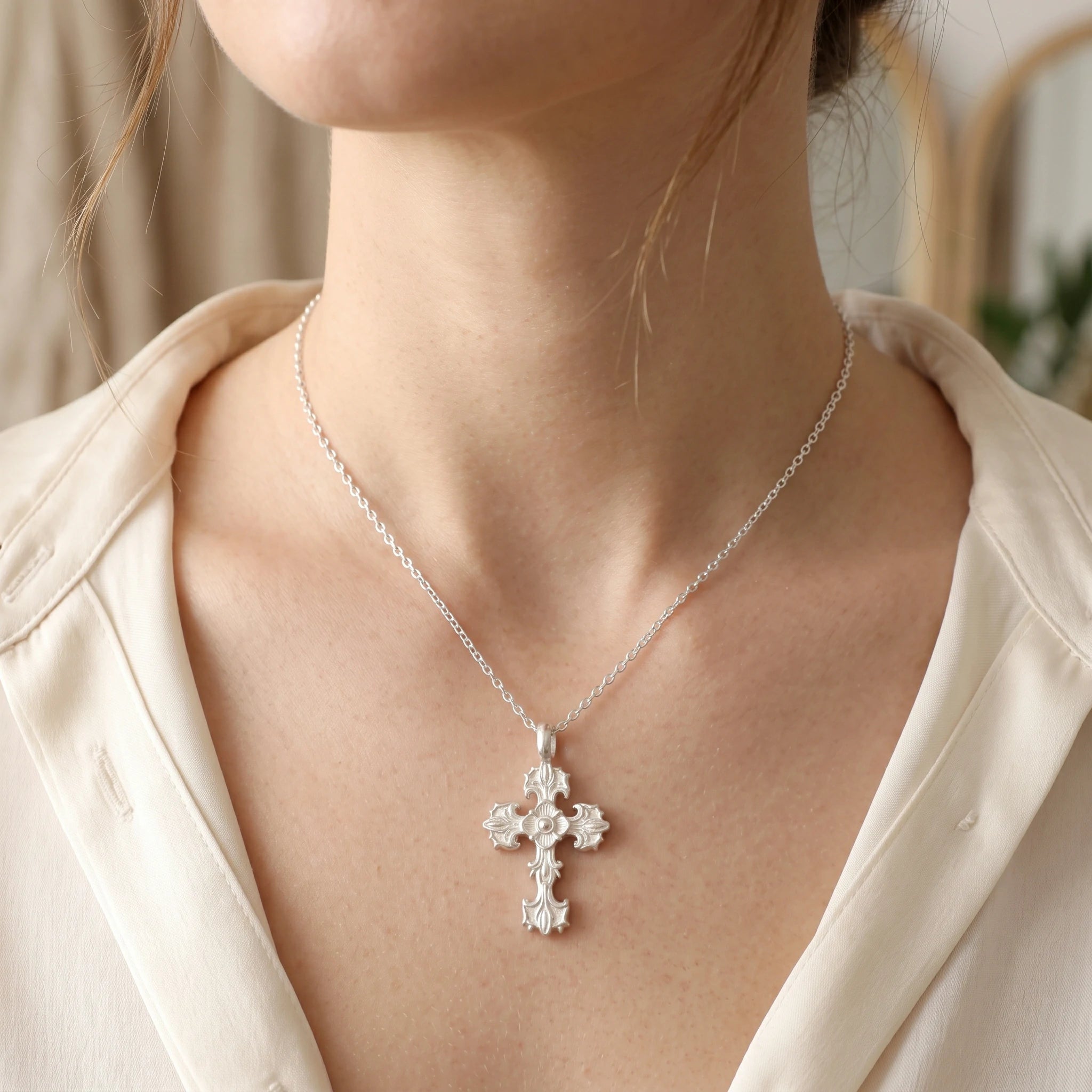 Custom 925 Sterling Silver Baroque Floral Cross Pendant for Sacred Grace & Eternal Faith