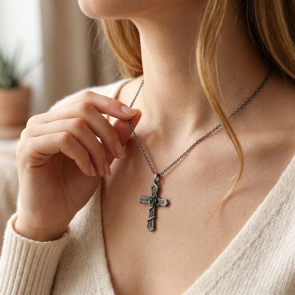 Personalized 925 Sterling Silver Rose Cross Pendant for His Eternal Love and Devotion