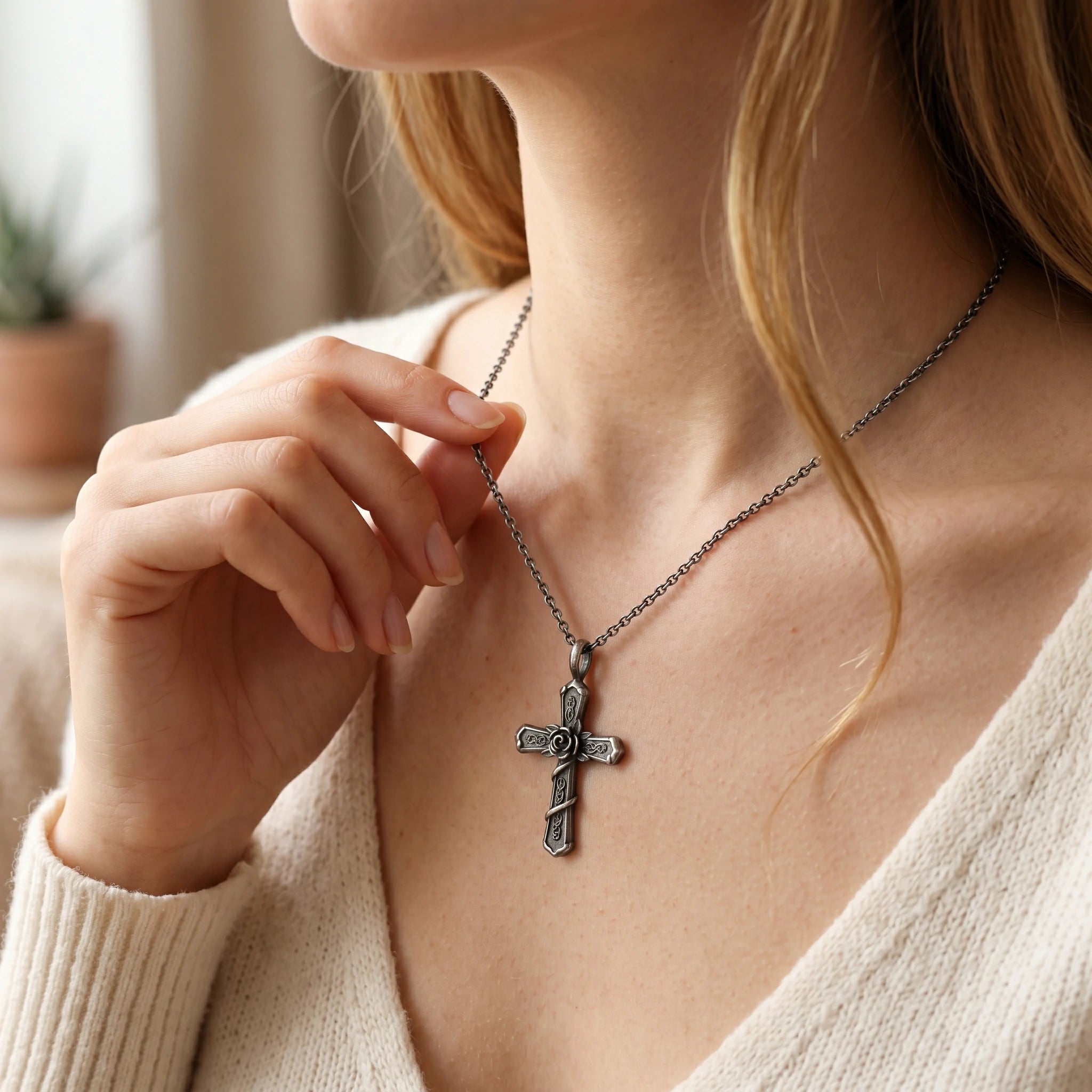 Personalized 925 Sterling Silver Rose Cross Pendant for His Eternal Love and Devotion