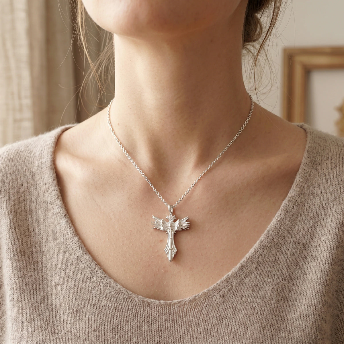 Custom 925 Sterling Silver Angel Wing Cross Pendant for Divine Heavenly Protection