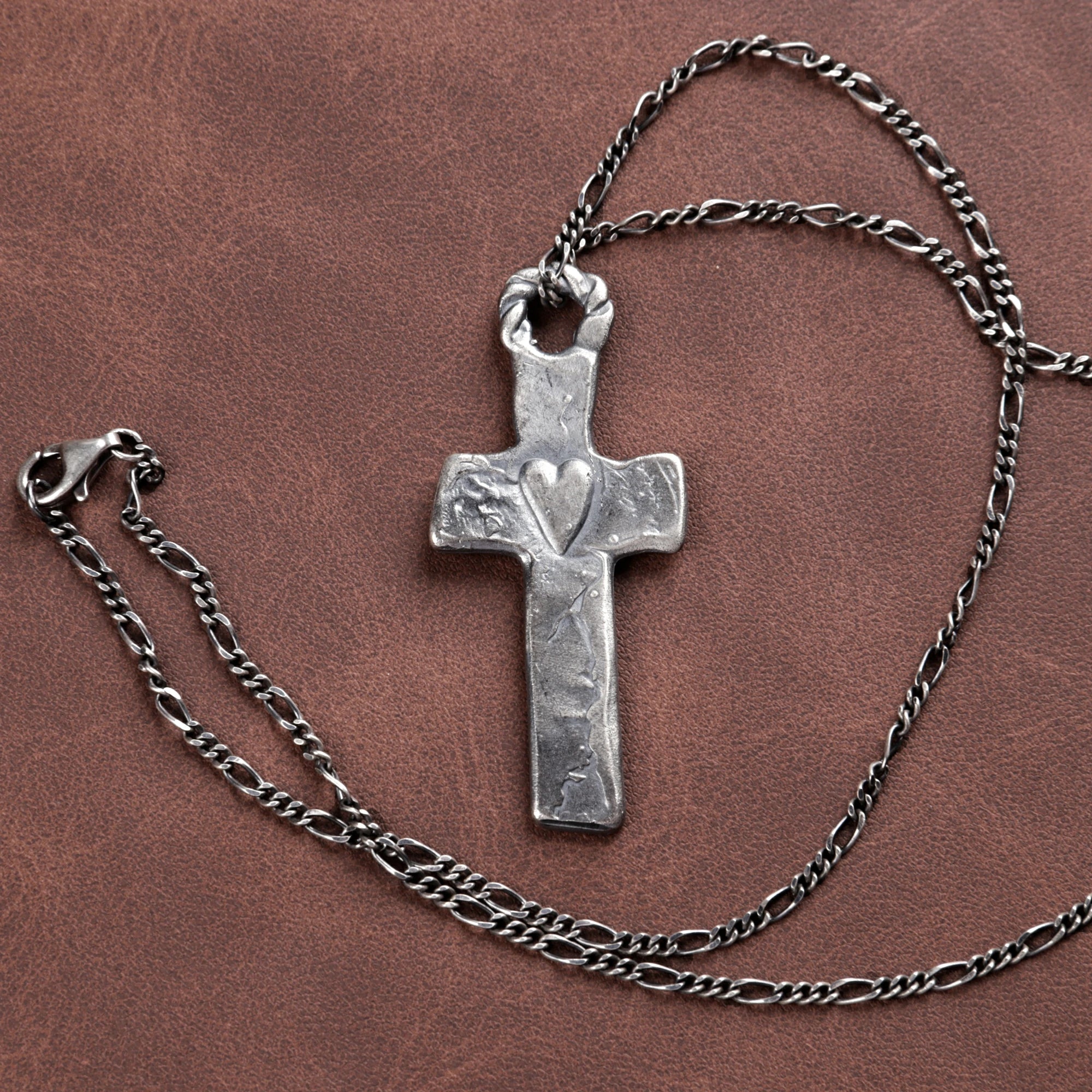Rustic 925 Sterling Silver Sacred Heart Cross Necklace for Faith & Protection