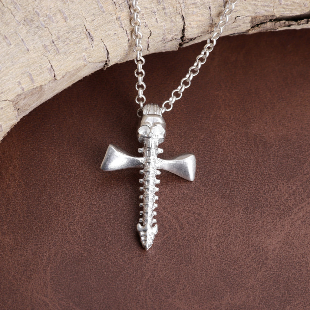 925 Sterling Silver Skull Spine Cross Pendant Symbolizing Victory Over Death And Faith