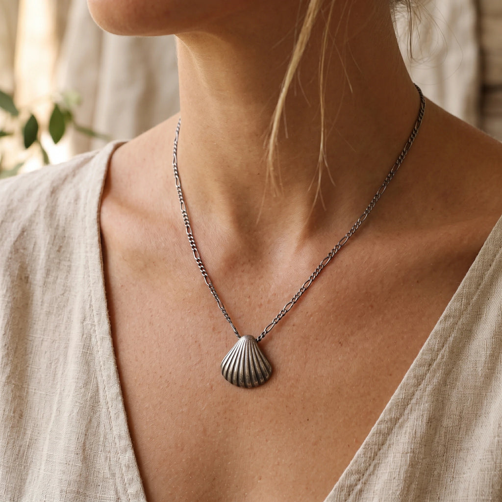 925 Sterling Silver Ribbed Scallop Shell Durable Coastal Pendant Necklace