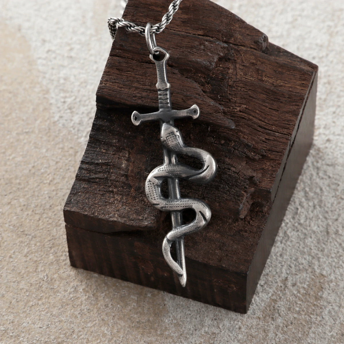 925 Sterling Silver Vintage Durable Snake and Sword Pendant Necklace
