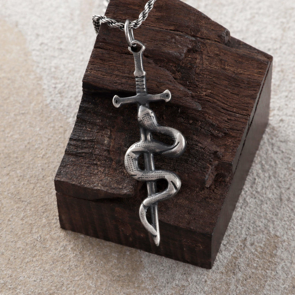 925 Sterling Silver Vintage Durable Snake and Sword Pendant Necklace