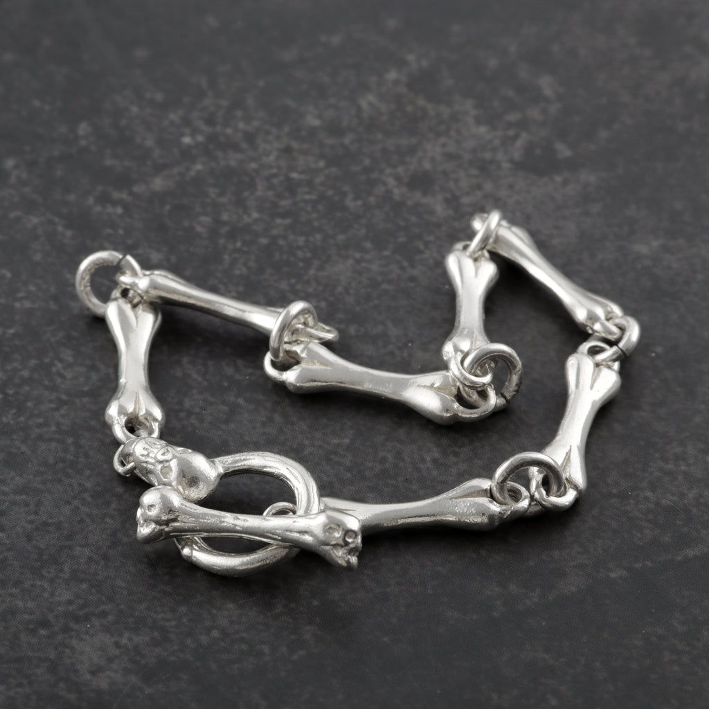 Gothic Anatomy Bone Link Bracelet, 925 Sterling Silver Skeleton Skull Toggle Clasp Wristband for Men and Women