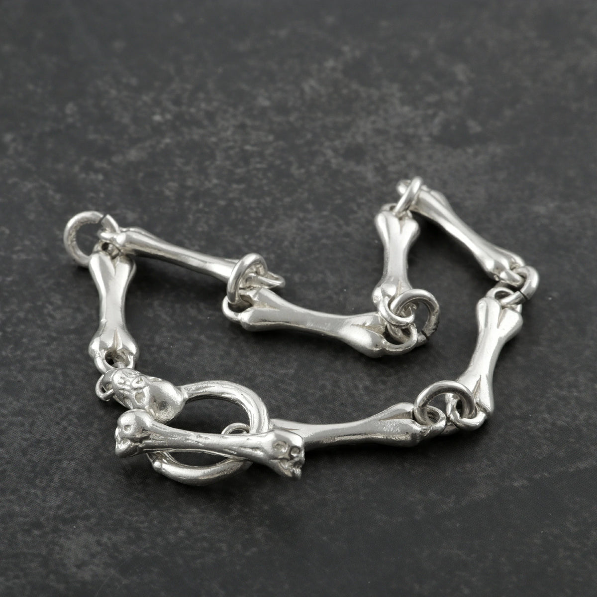 Gothic Bone Link Bracelet, 925 Sterling Silver Skeleton Skull Toggle Clasp Wristband