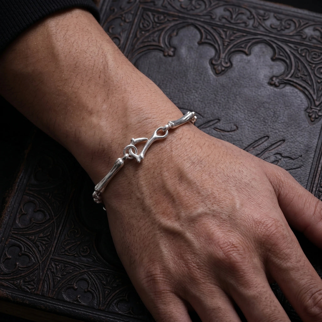 925 Sterling Silver Skeleton Bone Link Bracelet, Dark Mythic Bone Hook Clasp Minimalist Wristband