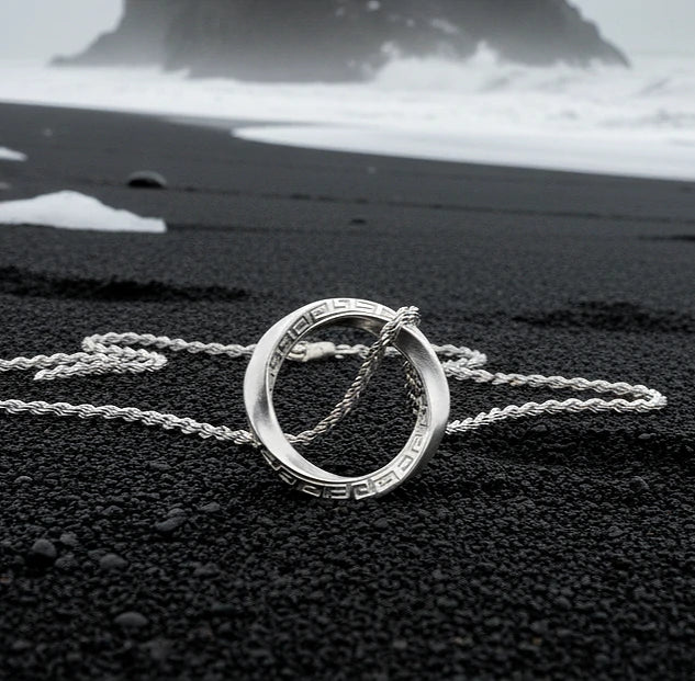 925 Sterling Silver Mobius Ring Pendant Necklace, Vintage Greek Key Eternity Jewelry