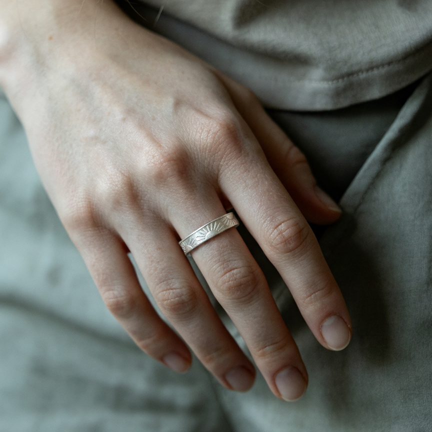 Unisex Sunrise Engraved Solid Sterling Silver Ring-Personalized Memory Band, Wedding Bands