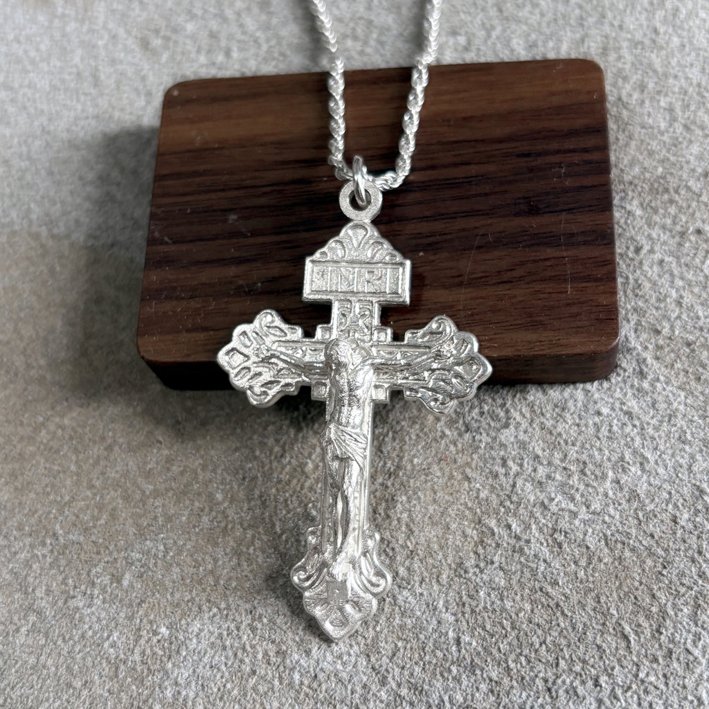 Divine Redemption INRI Crucifix, Solid 925 Sterling Silver Baroque Faith Necklace