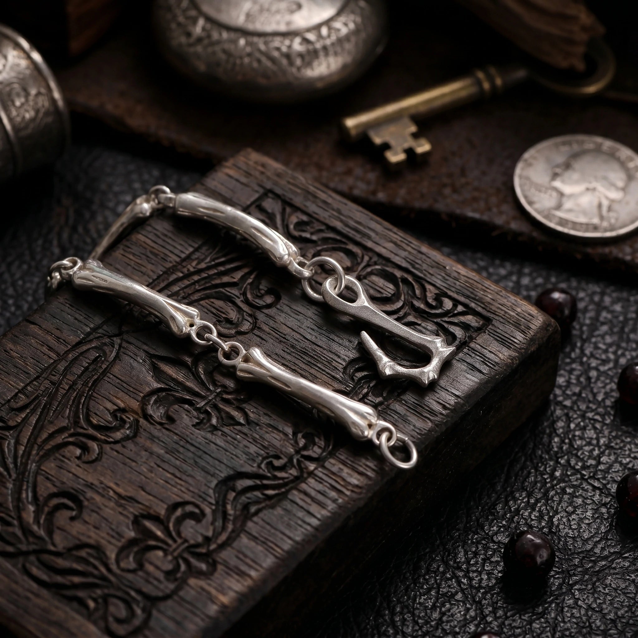925 Sterling Silver Skeleton Bone Link Bracelet, Dark Mythic Bone Hook Clasp Minimalist Wristband