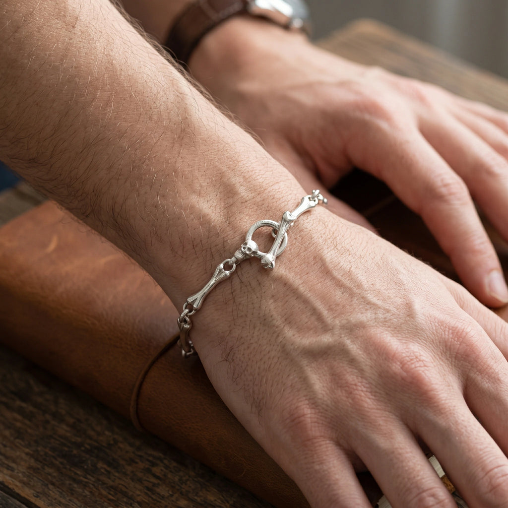 Gothic Bone Link Bracelet, 925 Sterling Silver Skeleton Skull Toggle Clasp Wristband