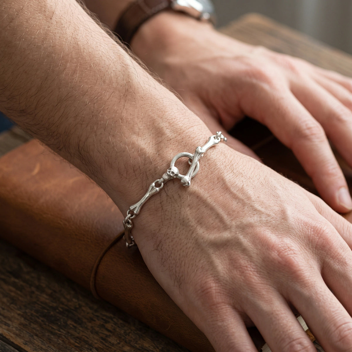 Gothic Bone Link Bracelet, 925 Sterling Silver Skeleton Skull Toggle Clasp Wristband