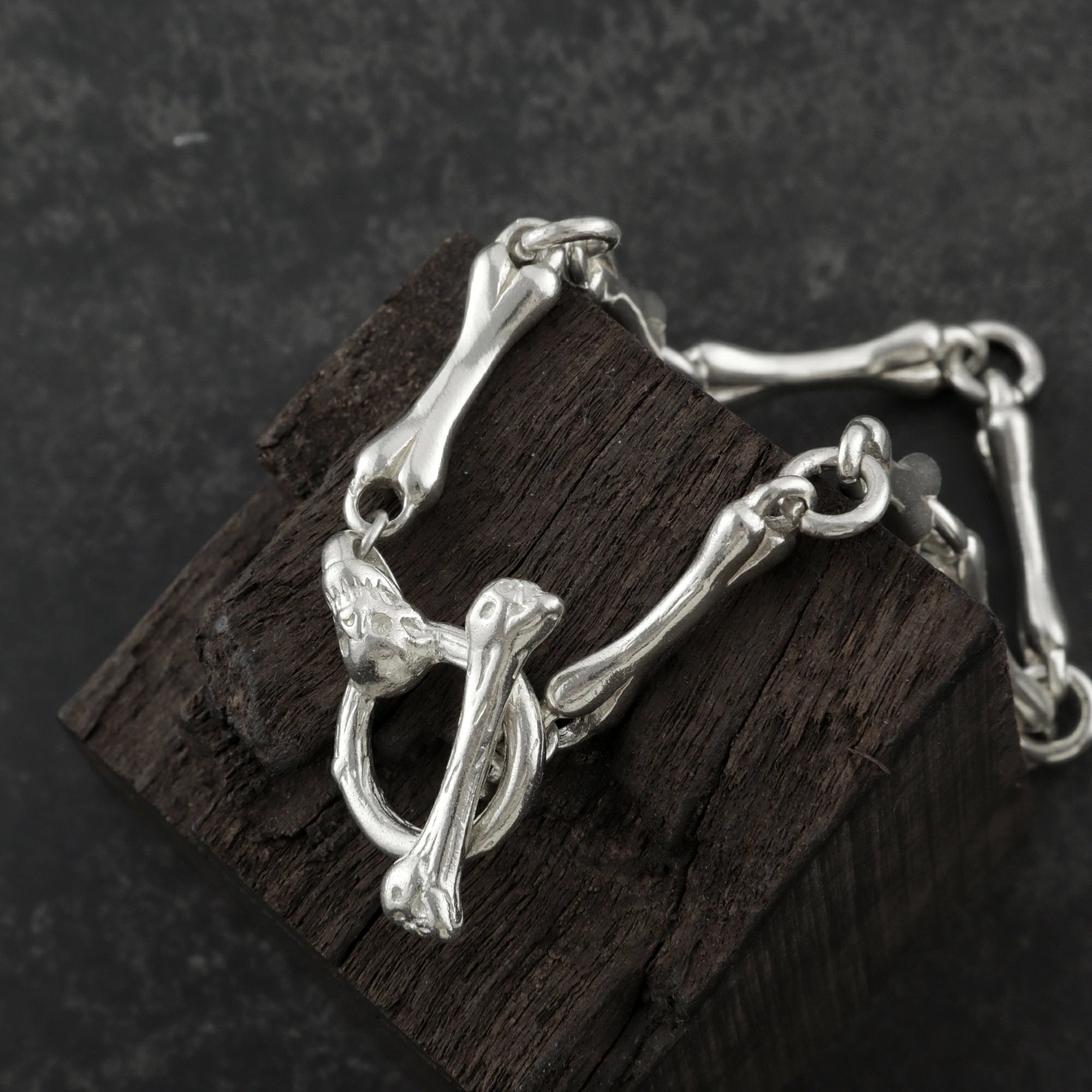 Gothic Bone Link Bracelet, 925 Sterling Silver Skeleton Skull Toggle Clasp Wristband