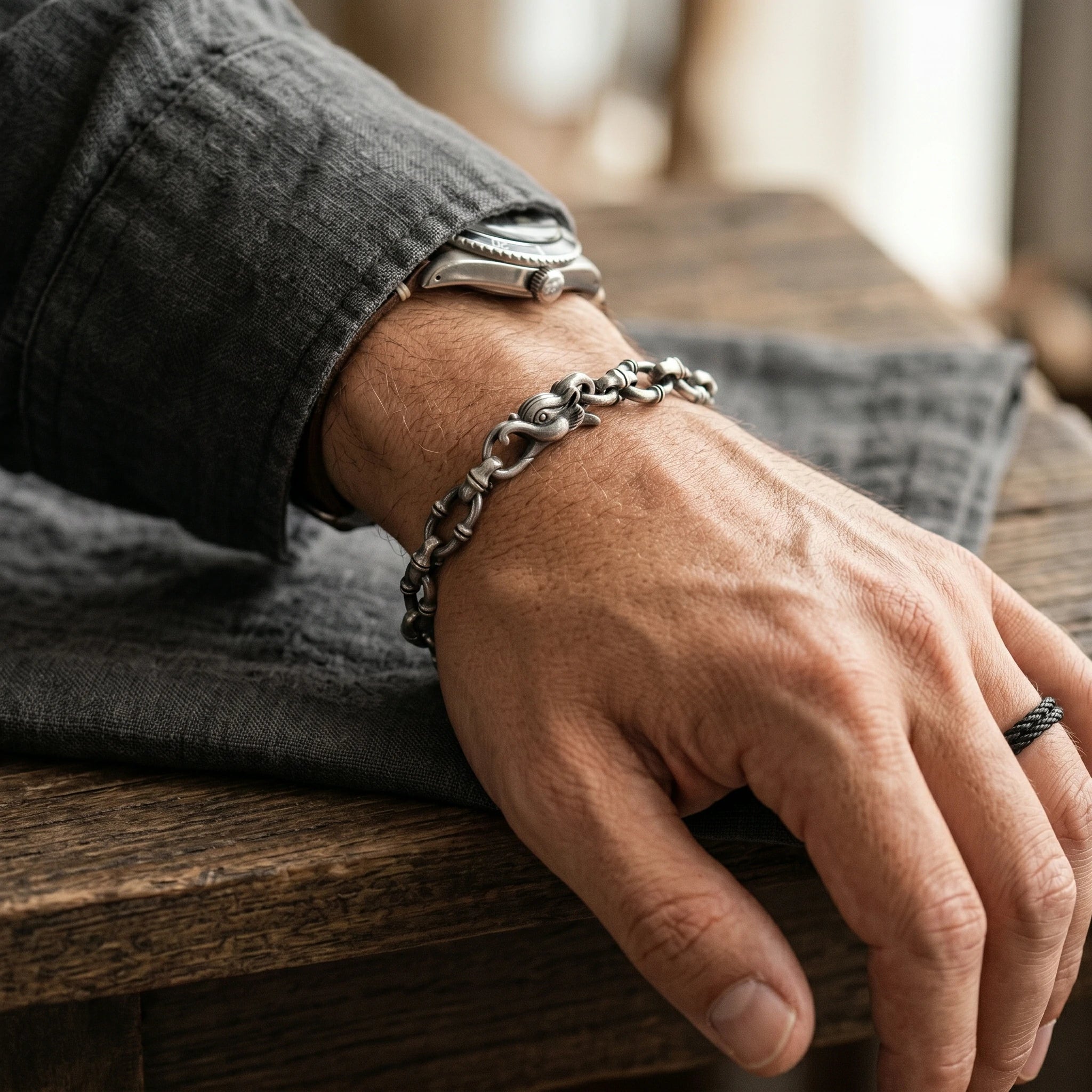 Gothic Wilderness Bamboo Bracelet, 925 Sterling Silver Detailed Mythic Beast Wristband