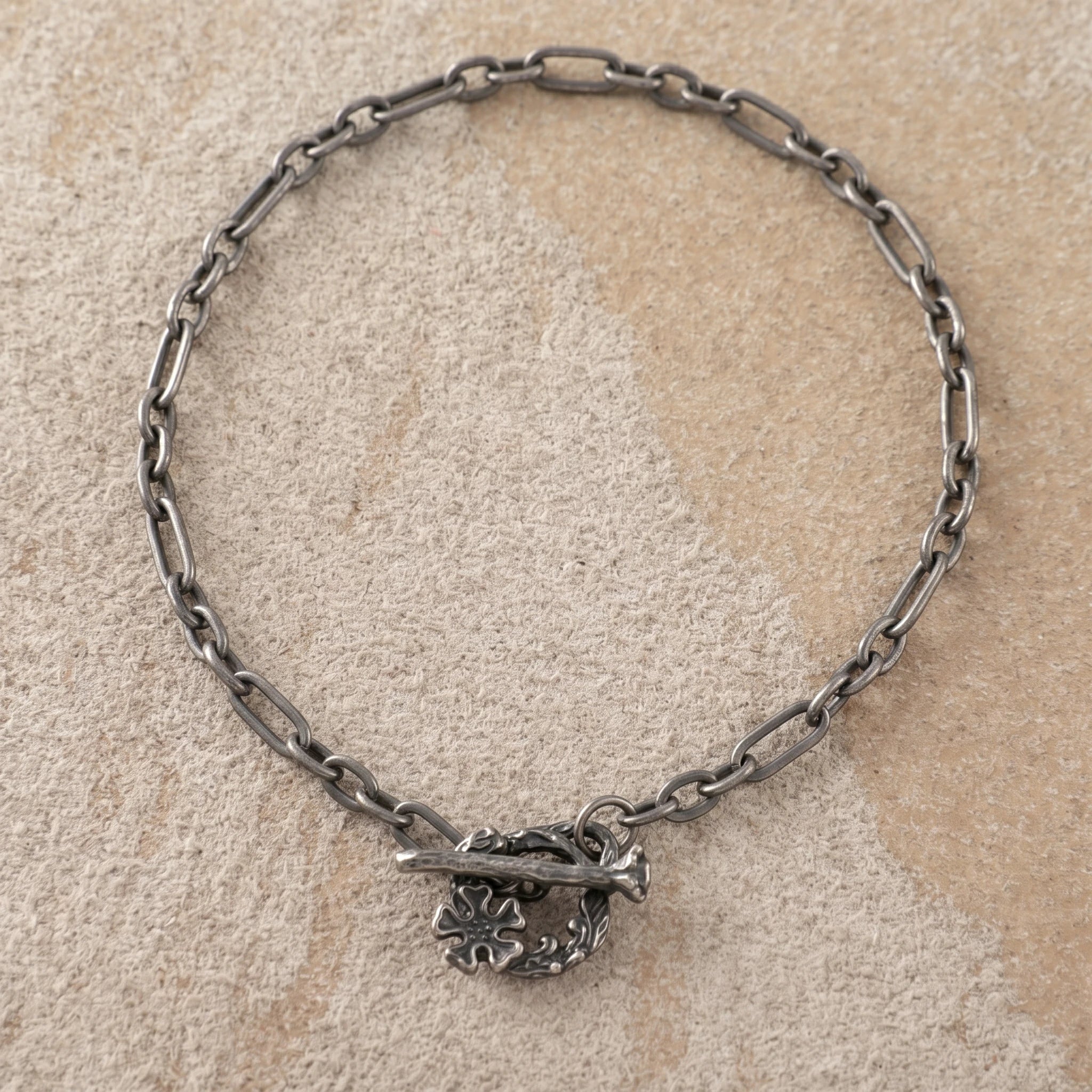 925 Sterling Silver Floral Branch Toggle Clasp Durable Link Chain Bracelet
