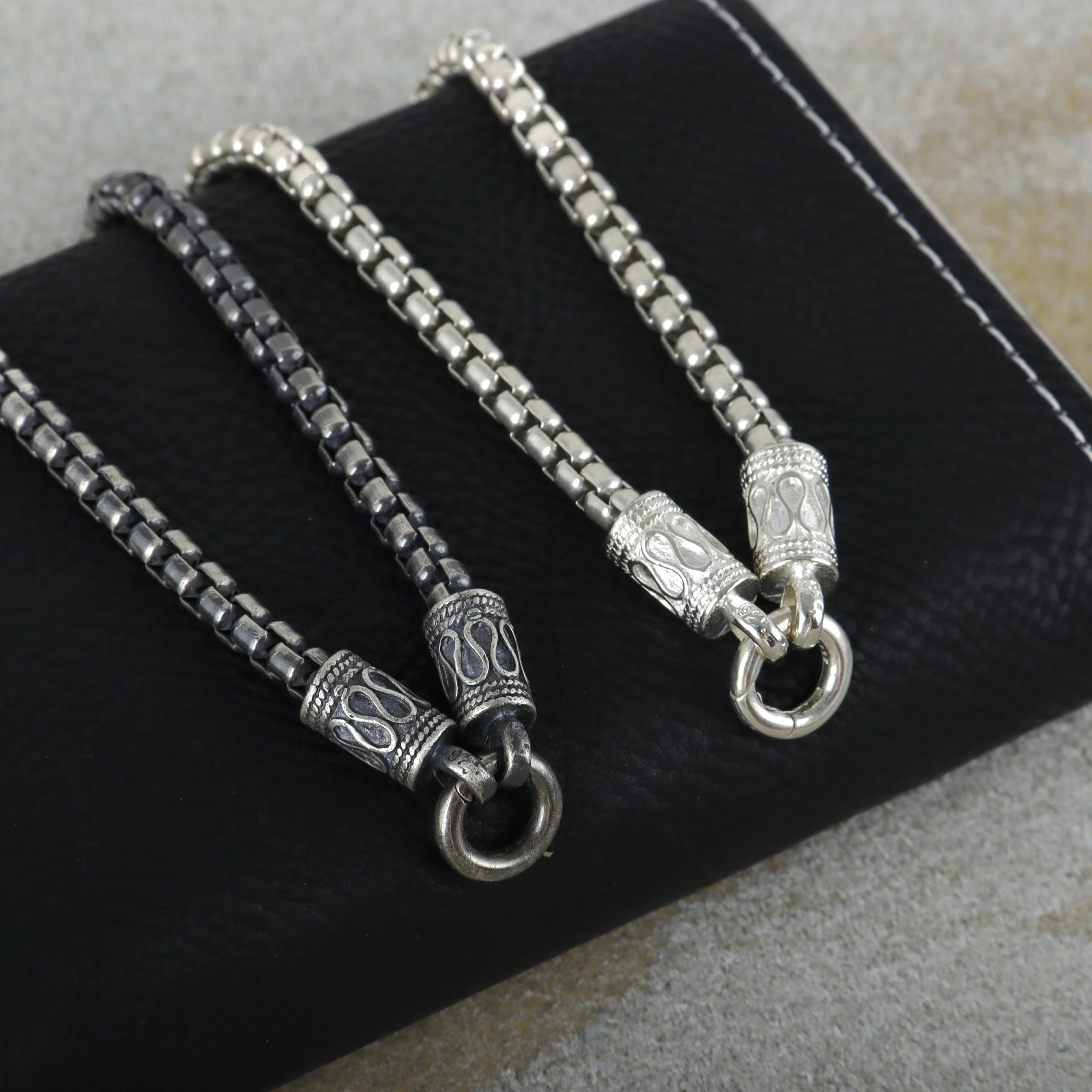 Balinese Totem Box Chain Bracelet, 925 Sterling Silver Ornate End Cap Wristband