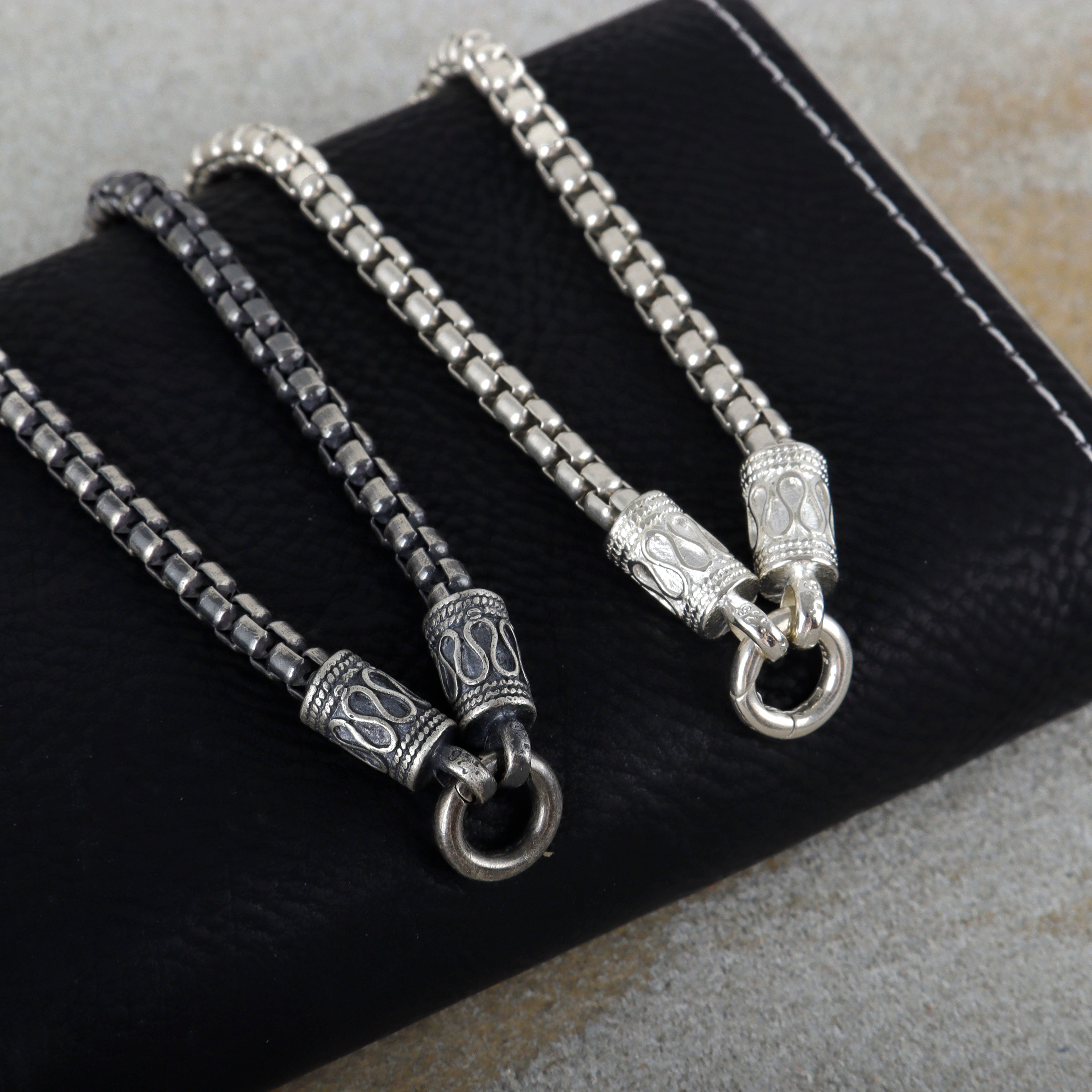Balinese Totem Box Chain Bracelet, Premium 925 Sterling Silver Ornate End Cap Wristband