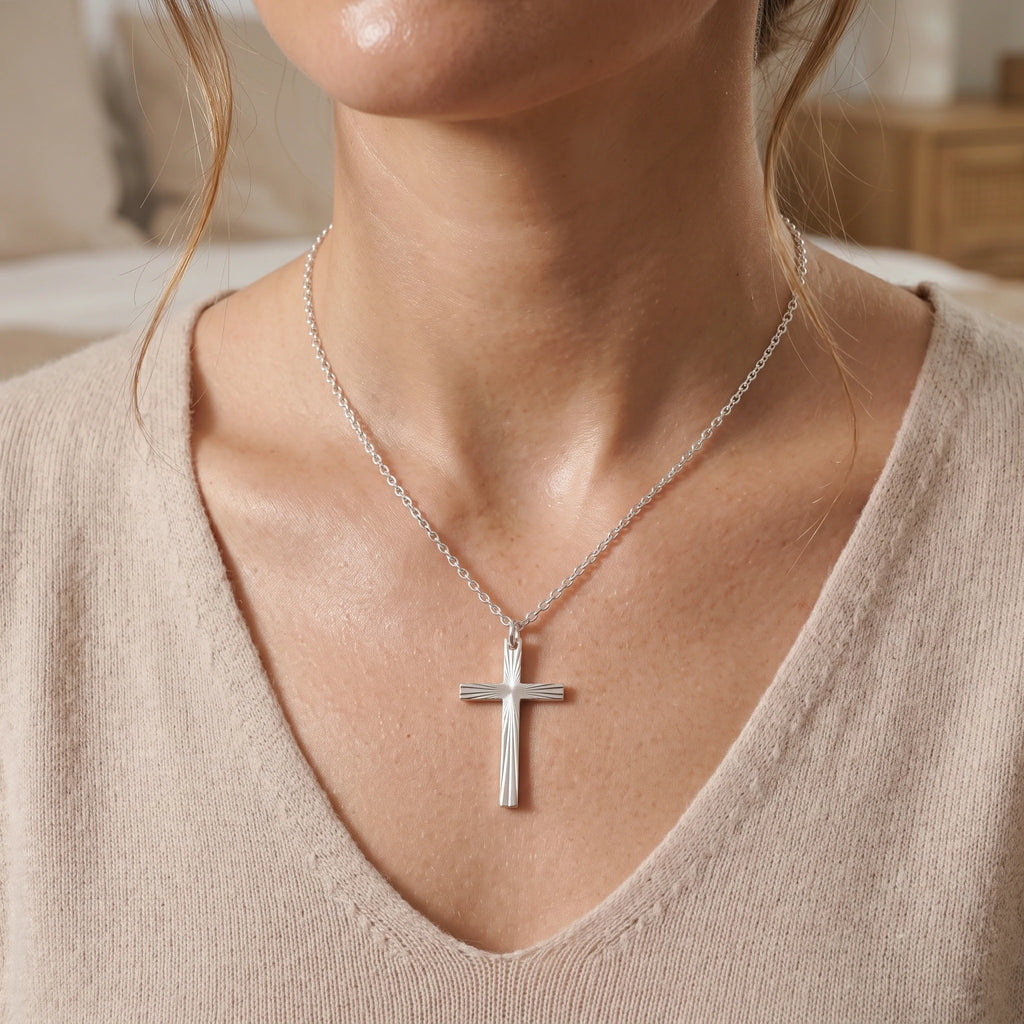 Eternal Light Sunburst Cross Pendant, 925 Sterling Silver Devotional Protection Amulet