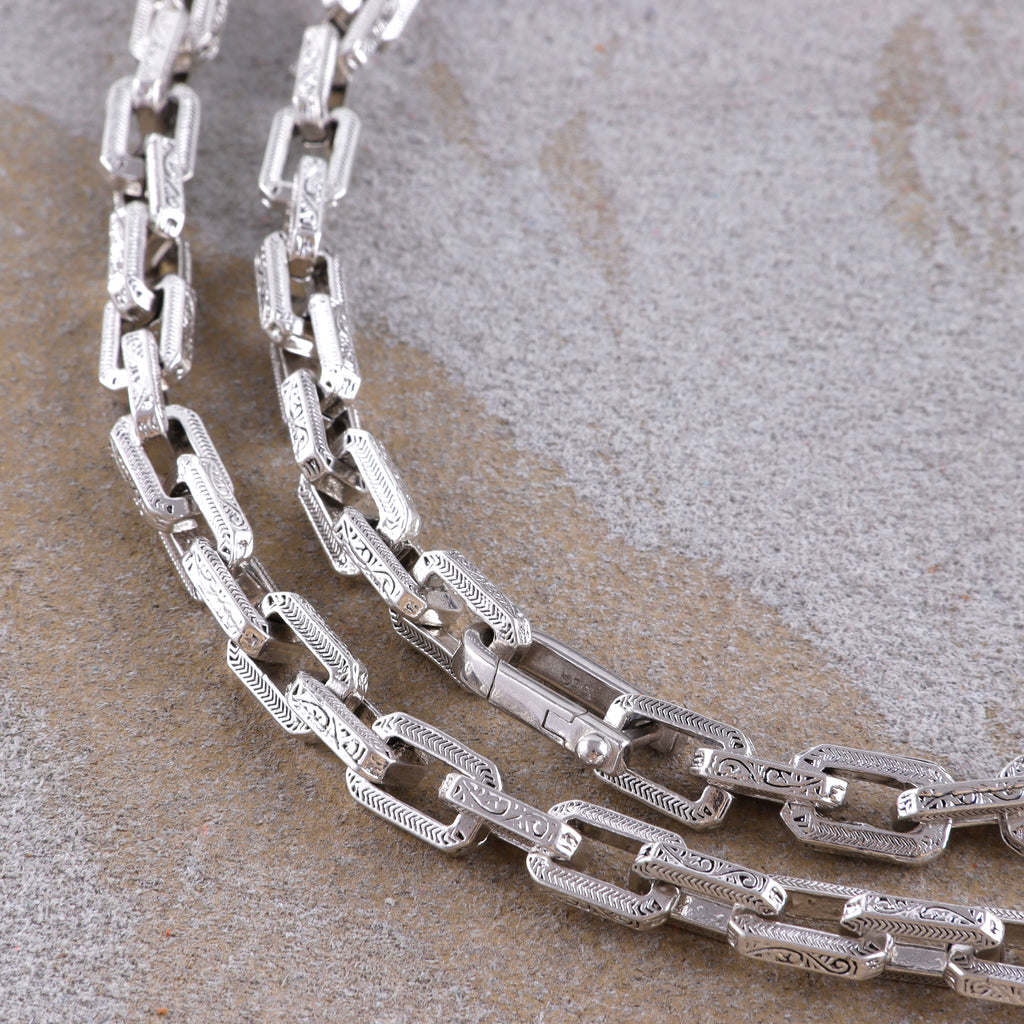 Men's Engraved Rectangle Link Chain • Oxidized Silver Necklace