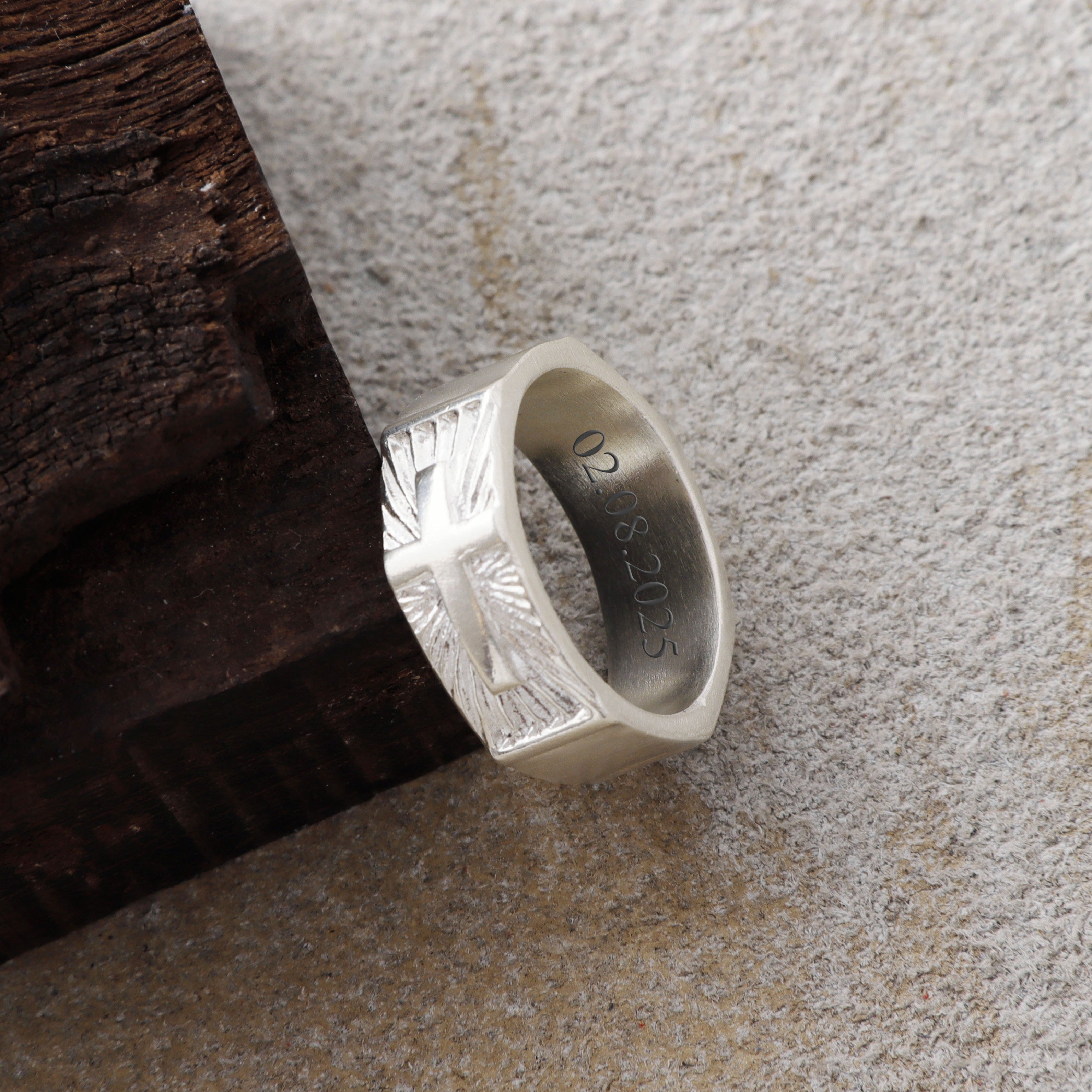 Custom Engraved Sterling Silver Cross Signet Ring, Religious Faith Band for Men