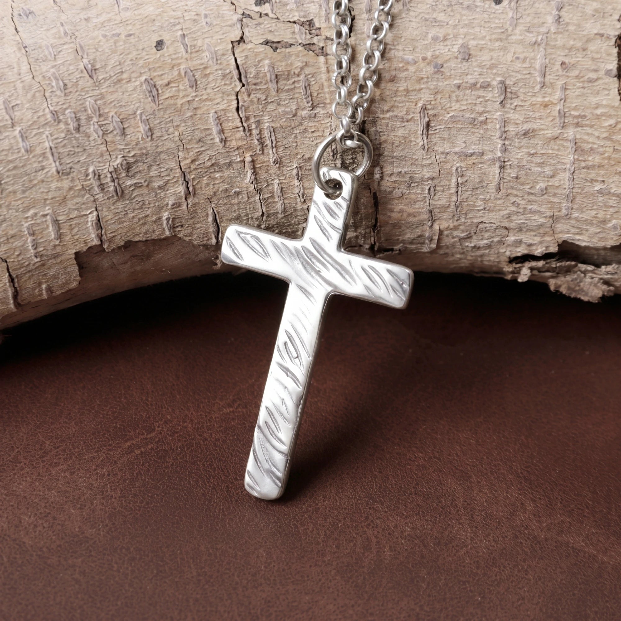 925 Sterling Silver Hammered Cross Durable Faith Protection Necklace
