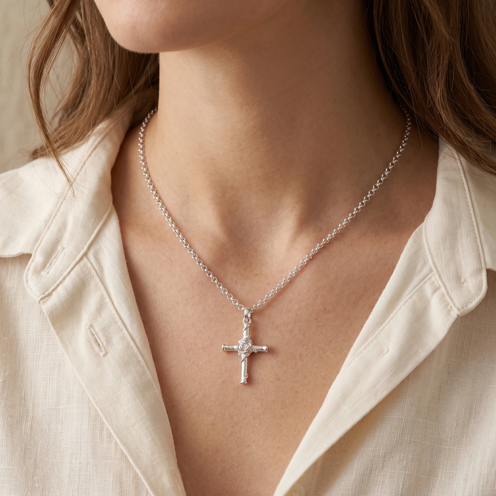 925 Sterling Silver Rose Cross Durable Faith Pendant Necklace Gift for Women
