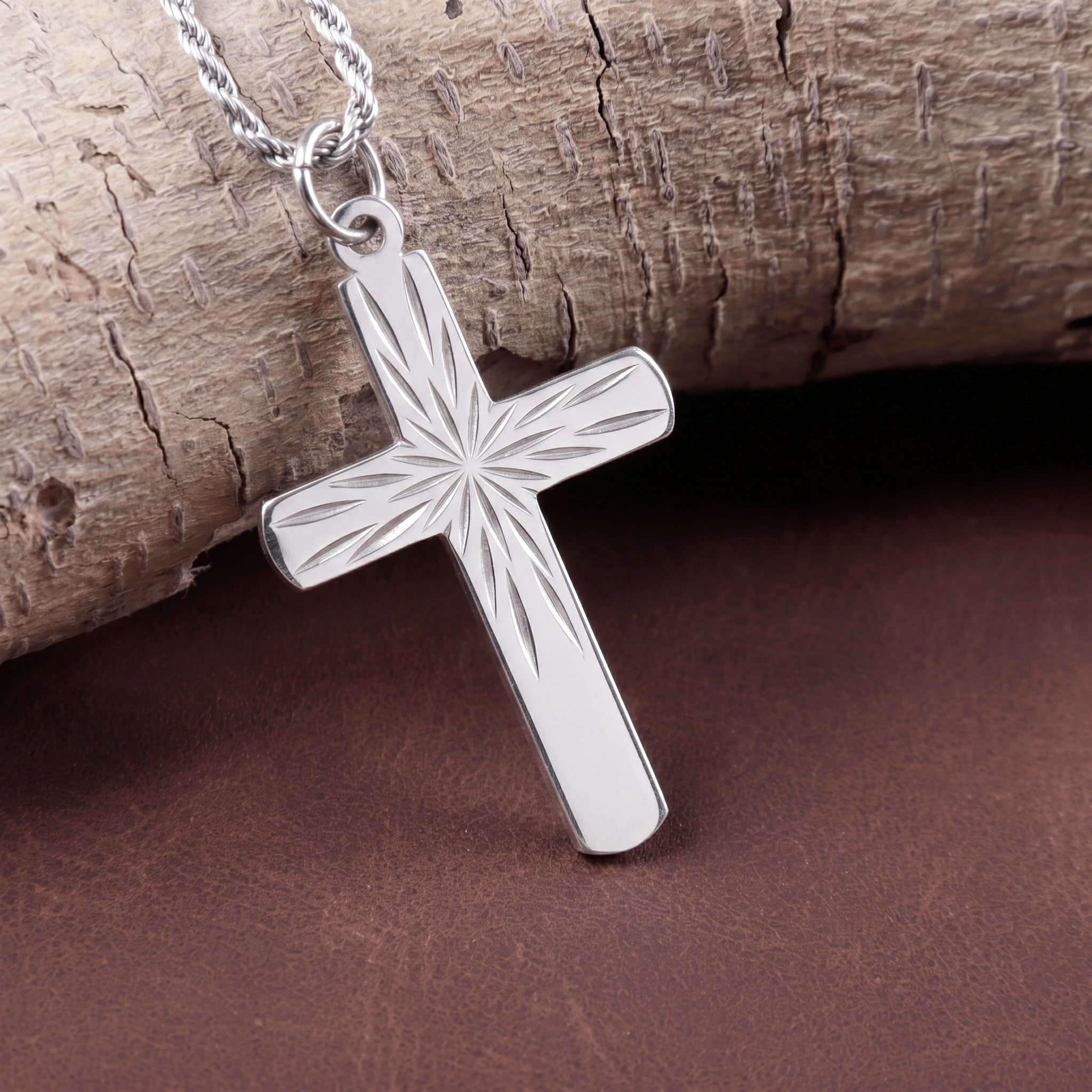 925 Sterling Silver Sunburst Cross Durable Custom Engravable Pendant Necklace