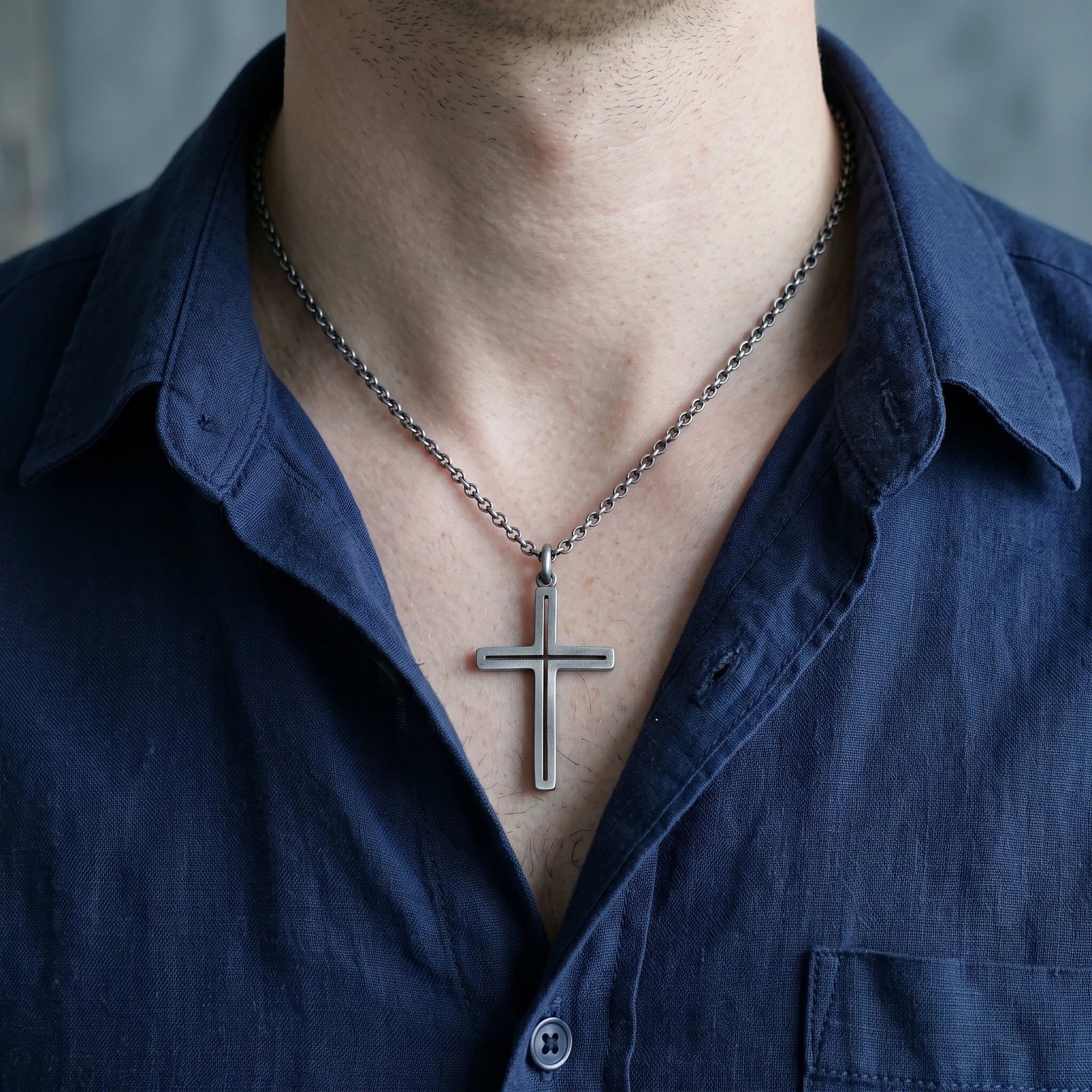 Sacred Light Hollow Cross Pendant, Solid 925 Sterling Silver Faith Alignment Necklace