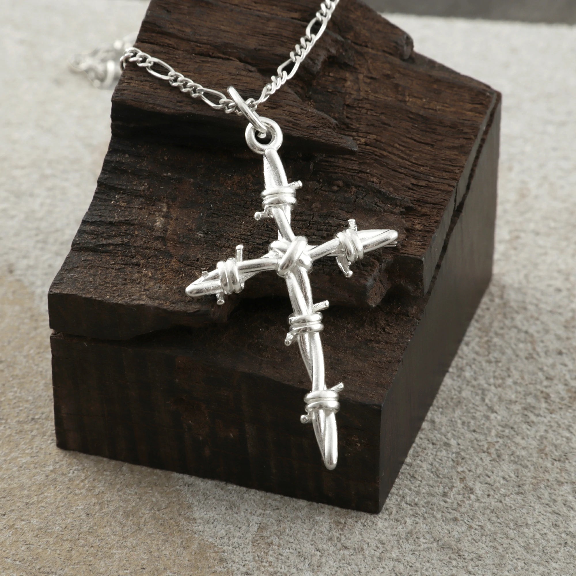 Sacred Thorns Crown Cross, Solid 925 Sterling Silver Devotional Figaro Necklace