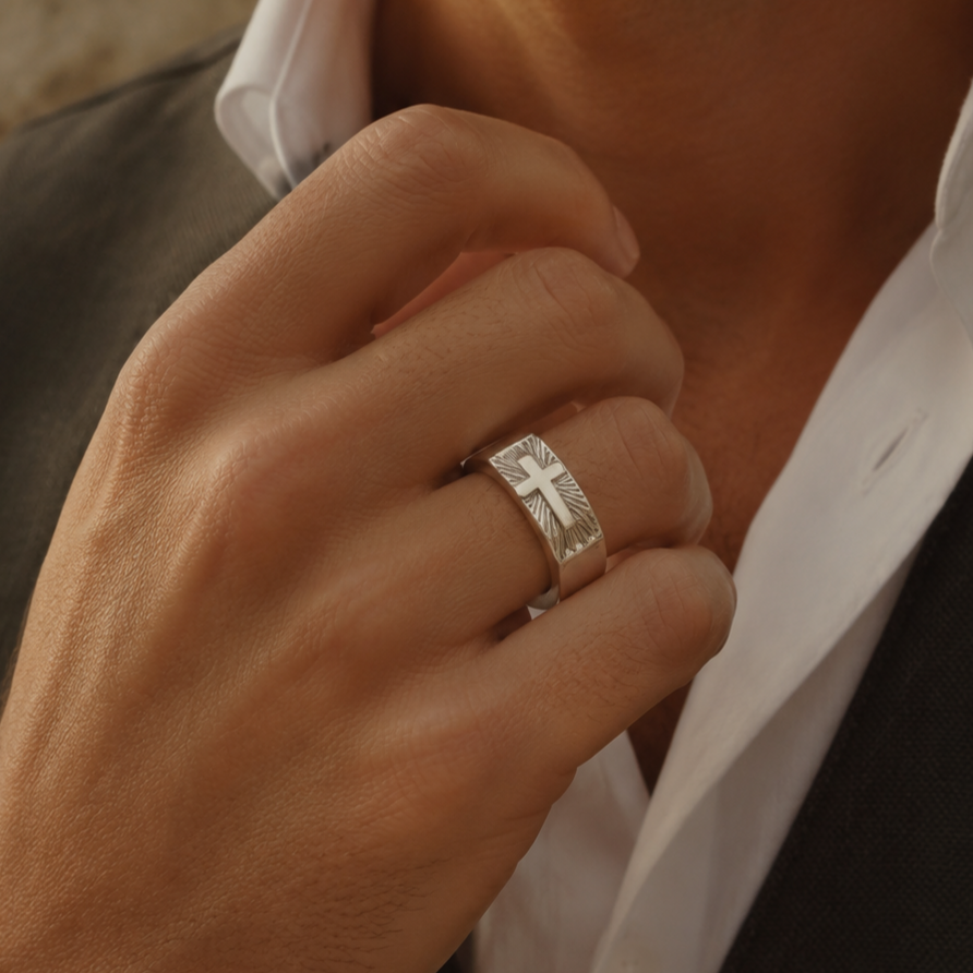 Custom Engraved Sterling Silver Cross Signet Ring, Religious Faith Band for Men