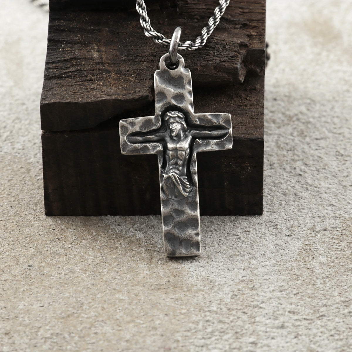Rock of Ages Sunken Crucifix, Heavy Hammered 925 Sterling Silver Faith Necklace