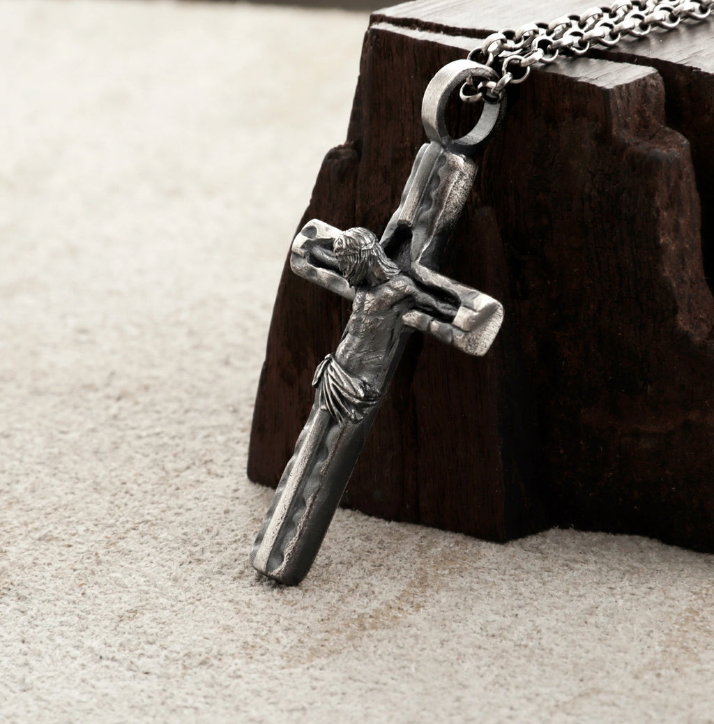 Sacred Jesus Crucifix Pendant, Engravable Solid 925 Sterling Silver Christian Faith Cross Necklace