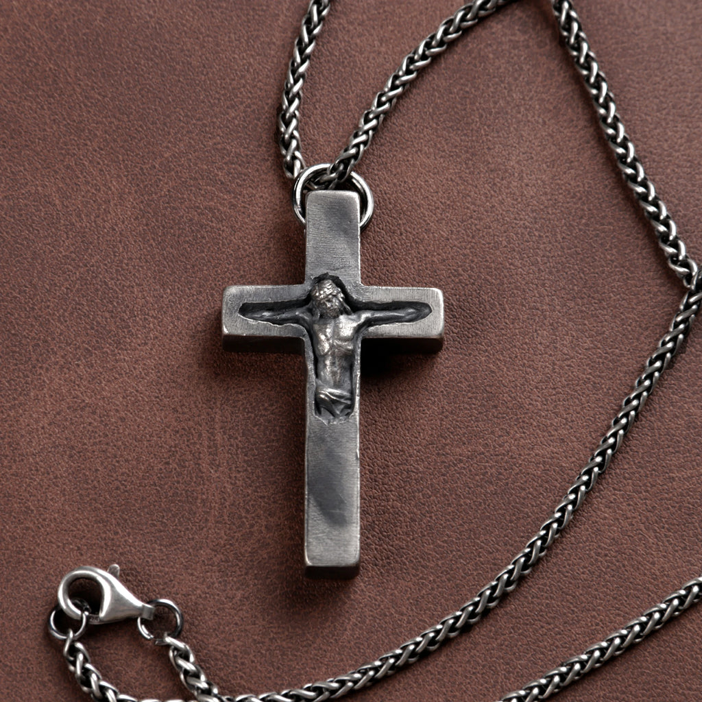 Custom Engravable 925 Silver Inset Crucifix Heirloom Jesus Pendant