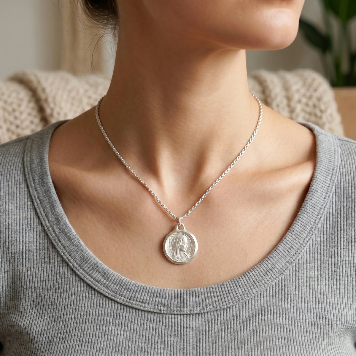 925 Sterling Silver Virgin Mary Medal Pendant, Vintage Religious Madonna Necklace