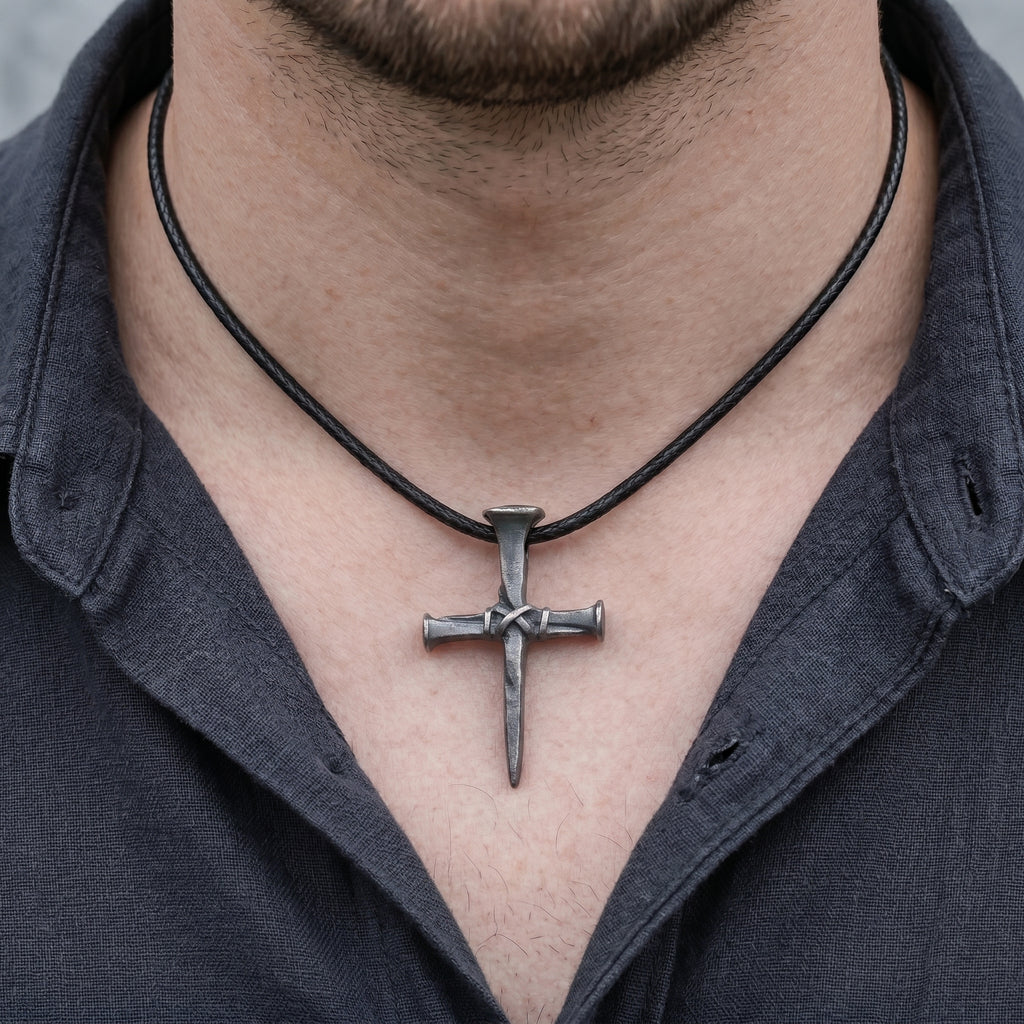 Sacred Grace Crucifixion Nails Cross Necklace, Oxidized 925 Sterling Silver Devotional Faith Pendant