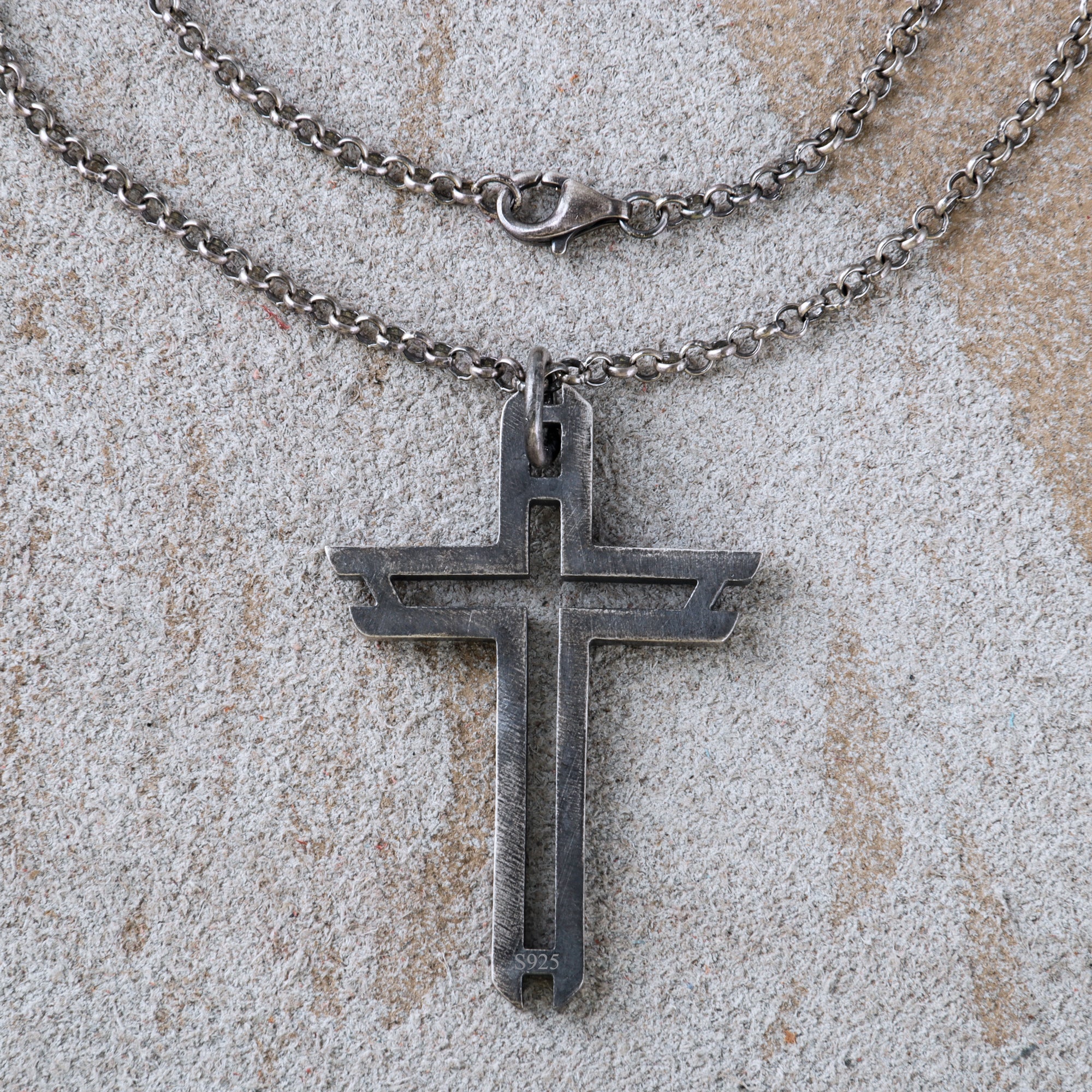 Sacred Path Hollow Cross Pendant, Oxidized 925 Sterling Silver Vintage Faith Amulet Necklace