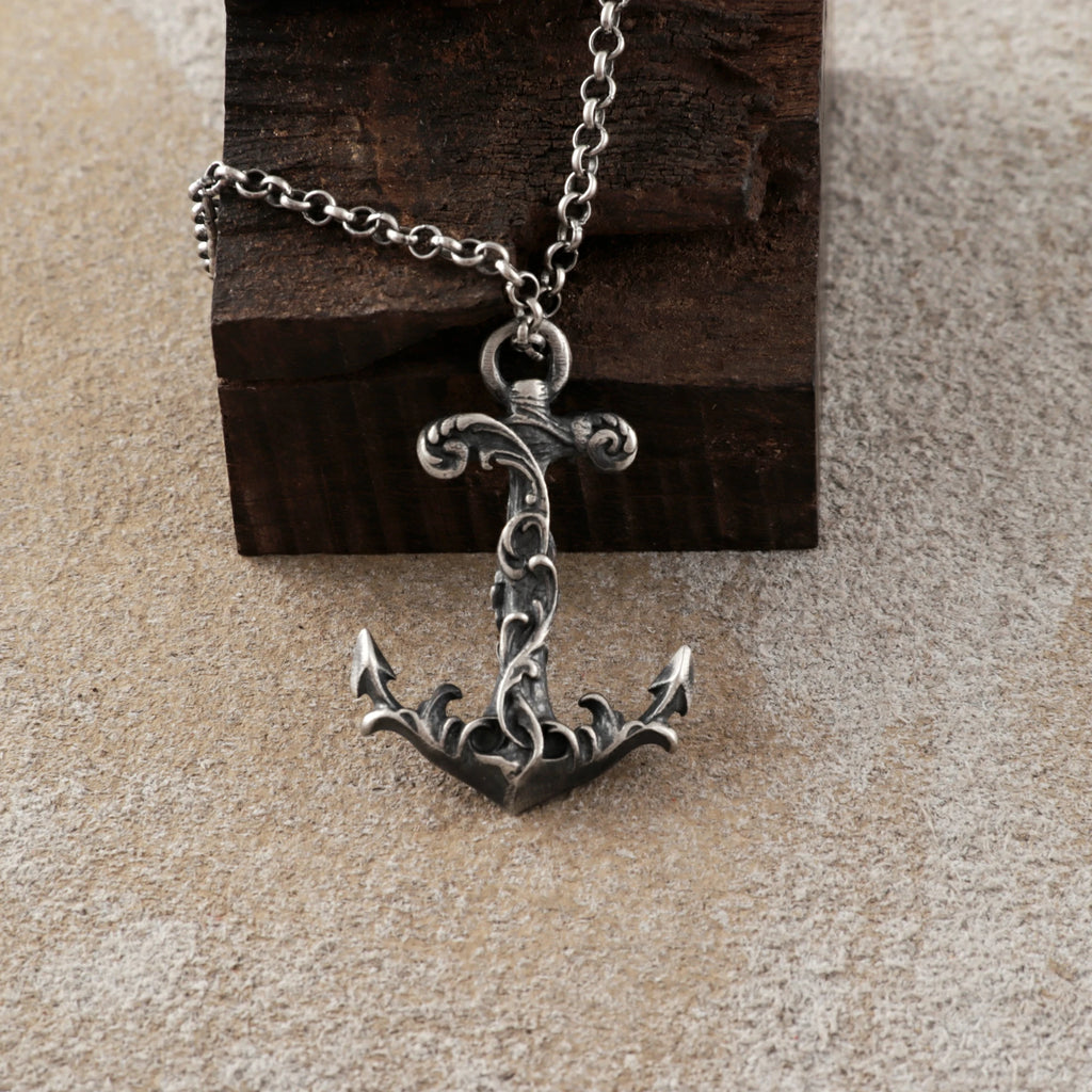 925 Sterling Silver Vintage Anchor Pendant Necklace, Baroque Nautical Sailor Charm Jewelry