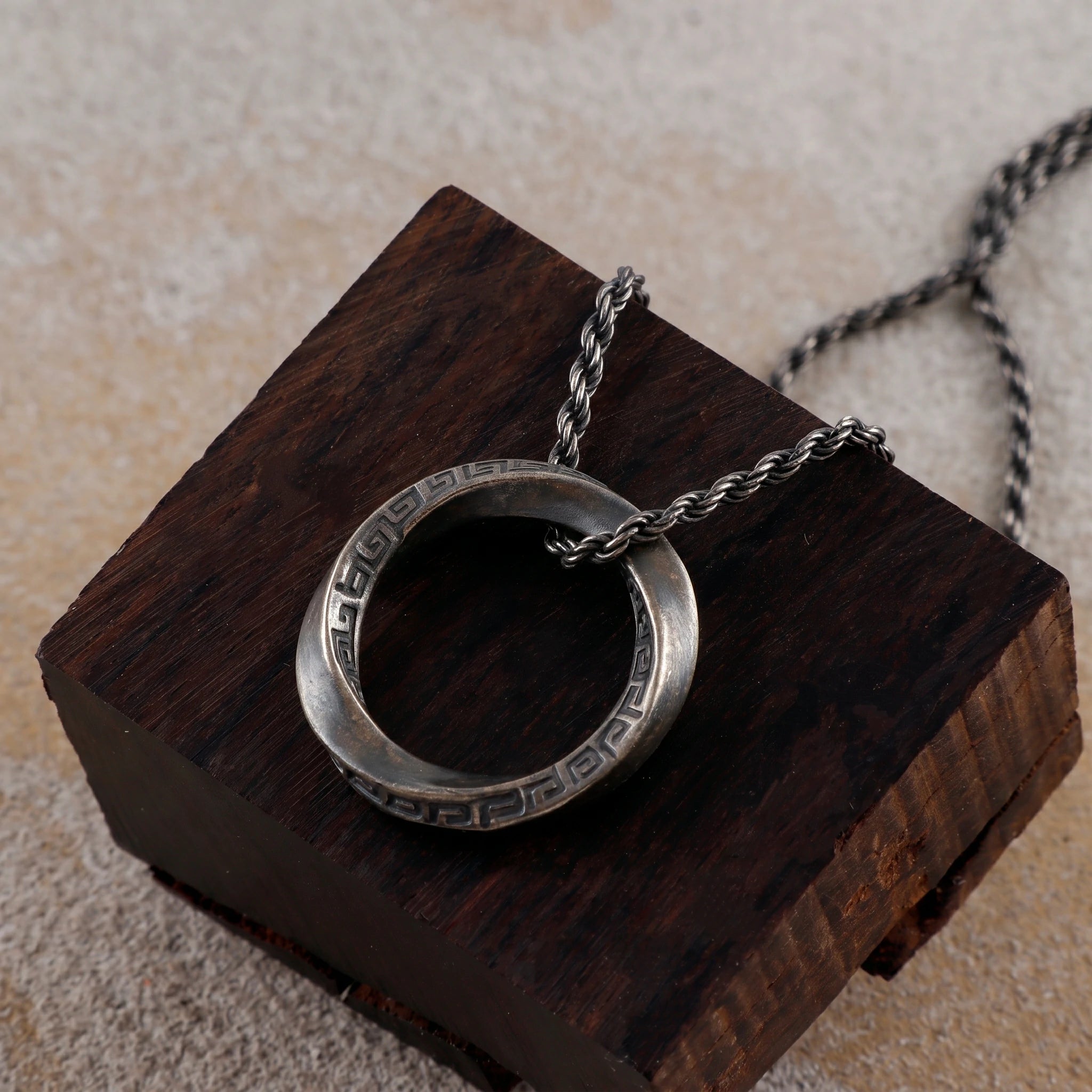 925 Sterling Silver Mobius Ring Pendant Necklace, Vintage Greek Key Eternity Jewelry