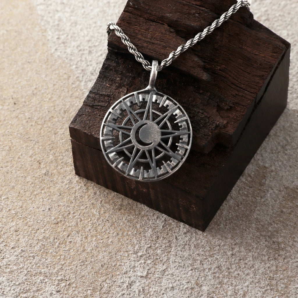 925 Sterling Silver Sun and Moon Pendant Necklace, Celestial Compass Astrolabe Jewelry
