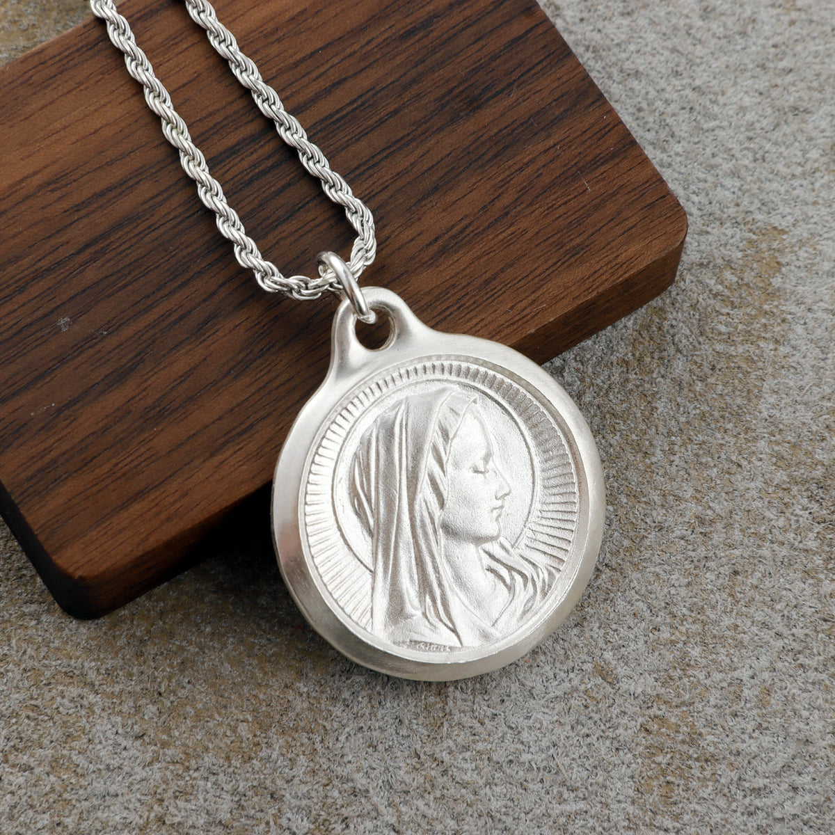 925 Sterling Silver Virgin Mary Medal Pendant, Vintage Religious Madonna Necklace