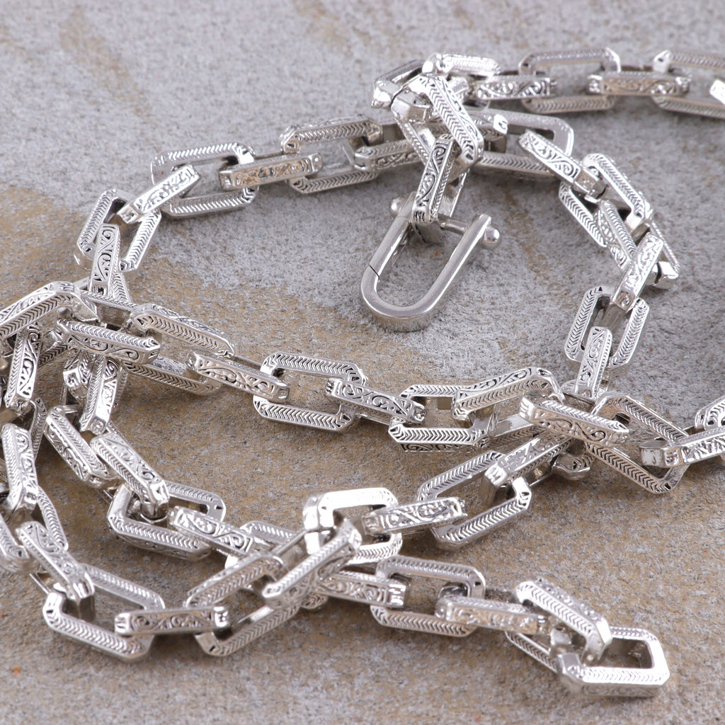 Men's Engraved Rectangle Link Chain • Oxidized Silver Necklace