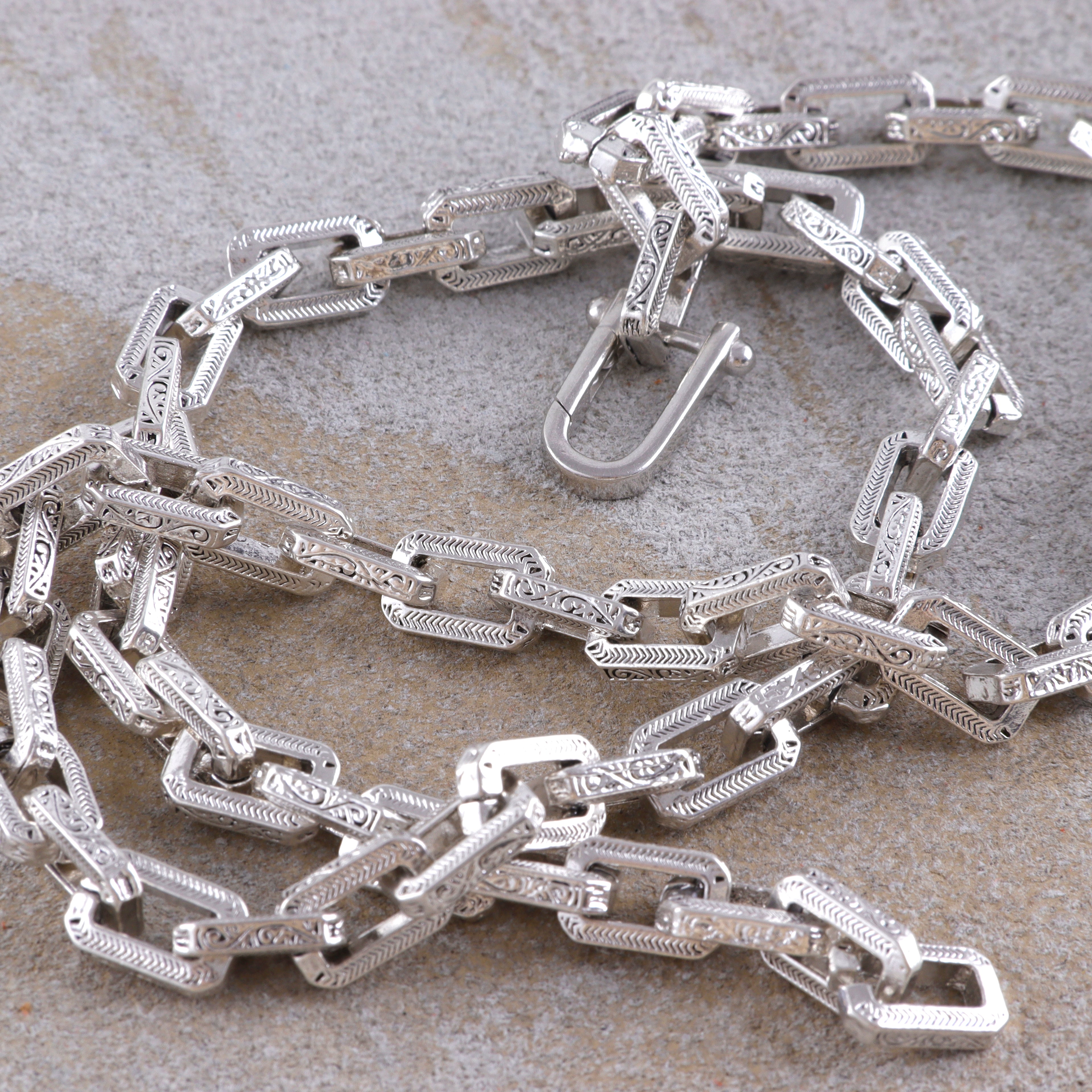 Men's Engraved Rectangle Link Chain • Oxidized Silver Necklace