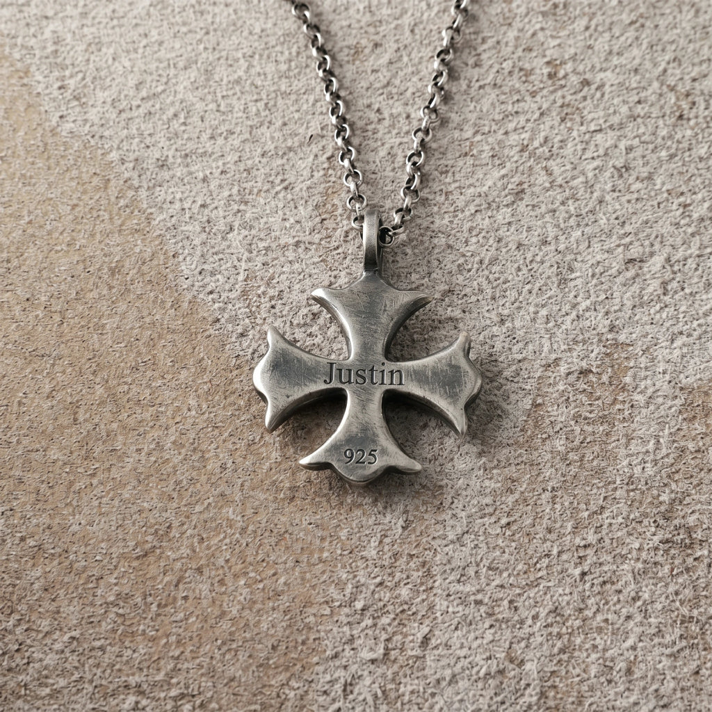 925 Sterling Silver Maltese Cross Necklace, Custom Engravable Medieval Talisman Jewelry