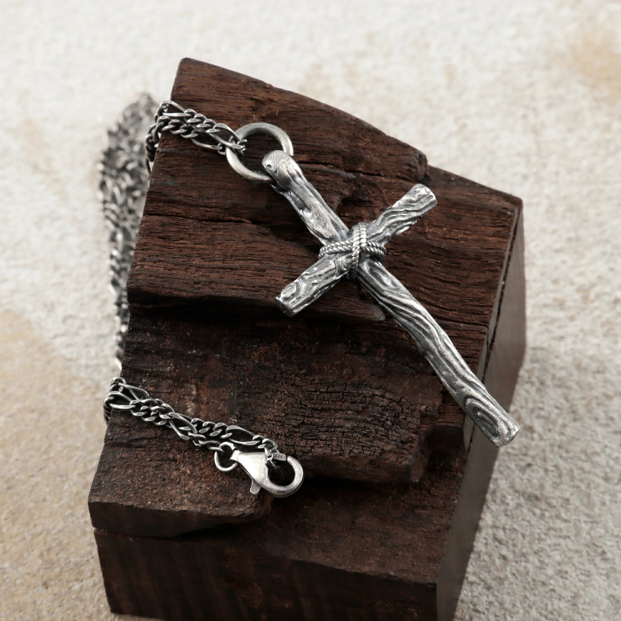 Living Branch Sacred Wood Cross, Textured 925 Sterling Silver Faith Necklace